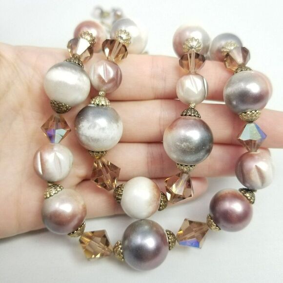 Vintage Pink Purple Beaded Two Strand Necklace, Adjustable Hook Clasp, Retro - Picture 2 of 7